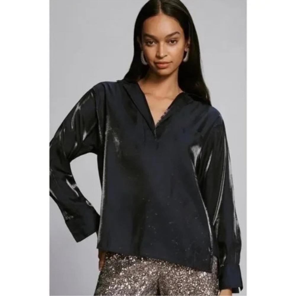 NWT Anthropologie Pilcro Navy  Long -Sleeve Shine Henley blouse size XS